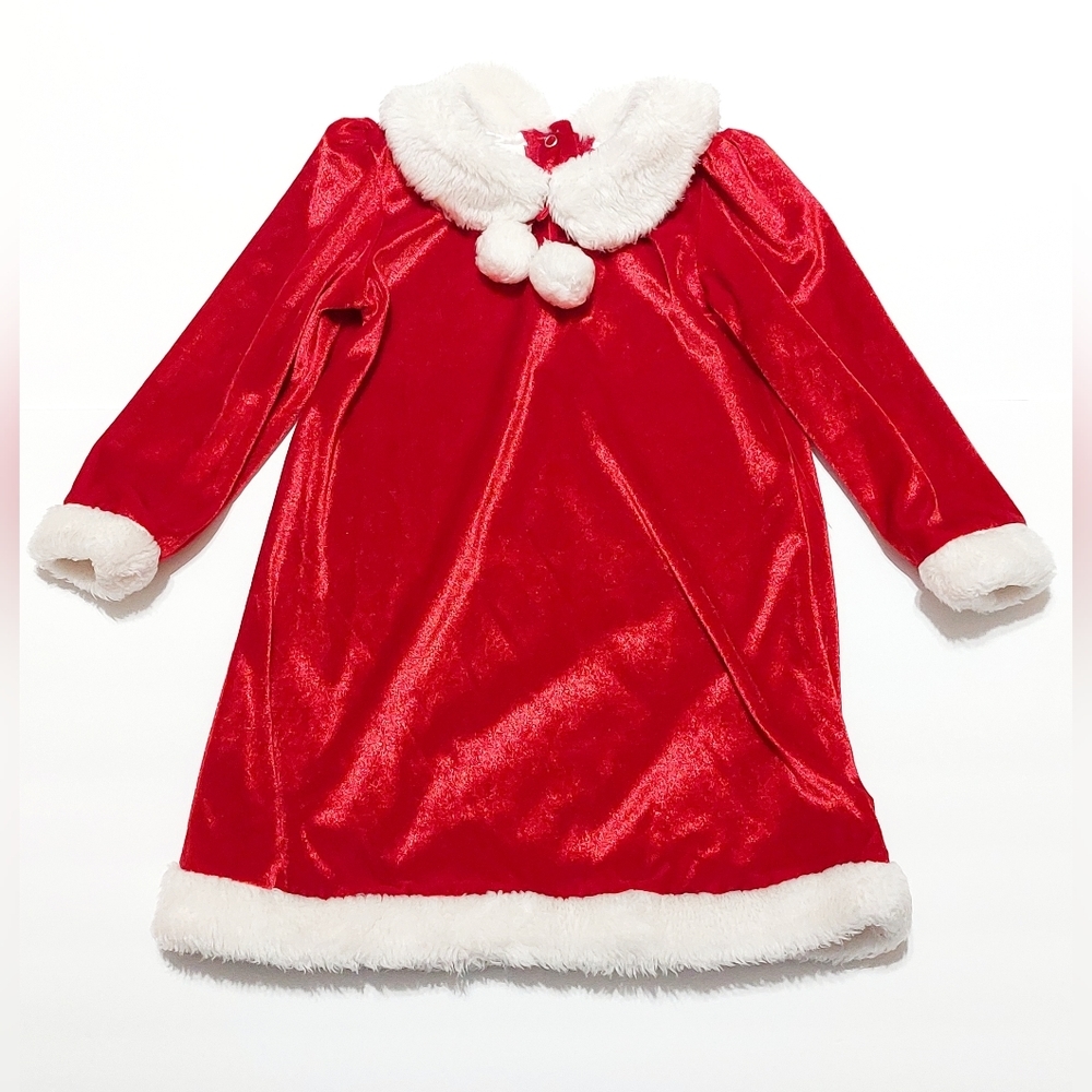 Red and White Velveteen Santa Dress with‎ Pompoms Size 4T